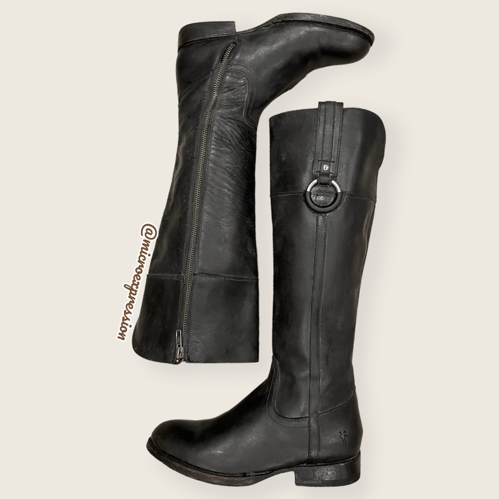 $389 Frye Jamie Ring Tall Distressed Stone Black Leather Knee High Zip Up Boot - Picture 6 of 15
